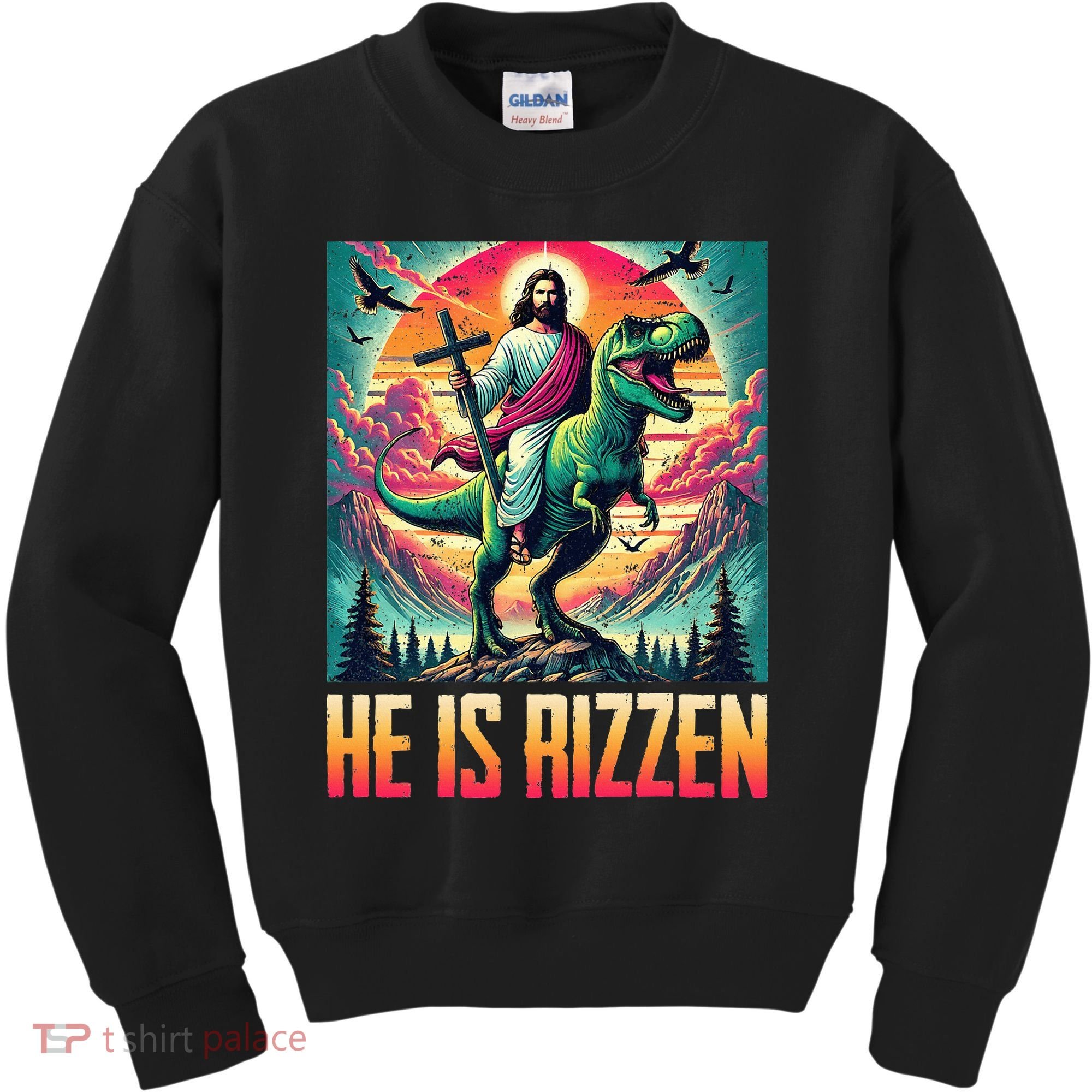 He Is Rizzen Jesus Riding Trex Retro Christian Dinosaur Kids Sweatshirt