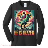He Is Rizzen Jesus Riding Trex Retro Christian Dinosaur Kids Long Sleeve Shirt thumb 0