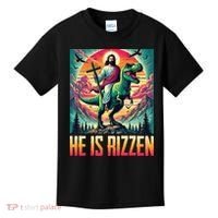 He Is Rizzen Jesus Riding Trex Retro Christian Dinosaur Kids T-Shirt thumb 0