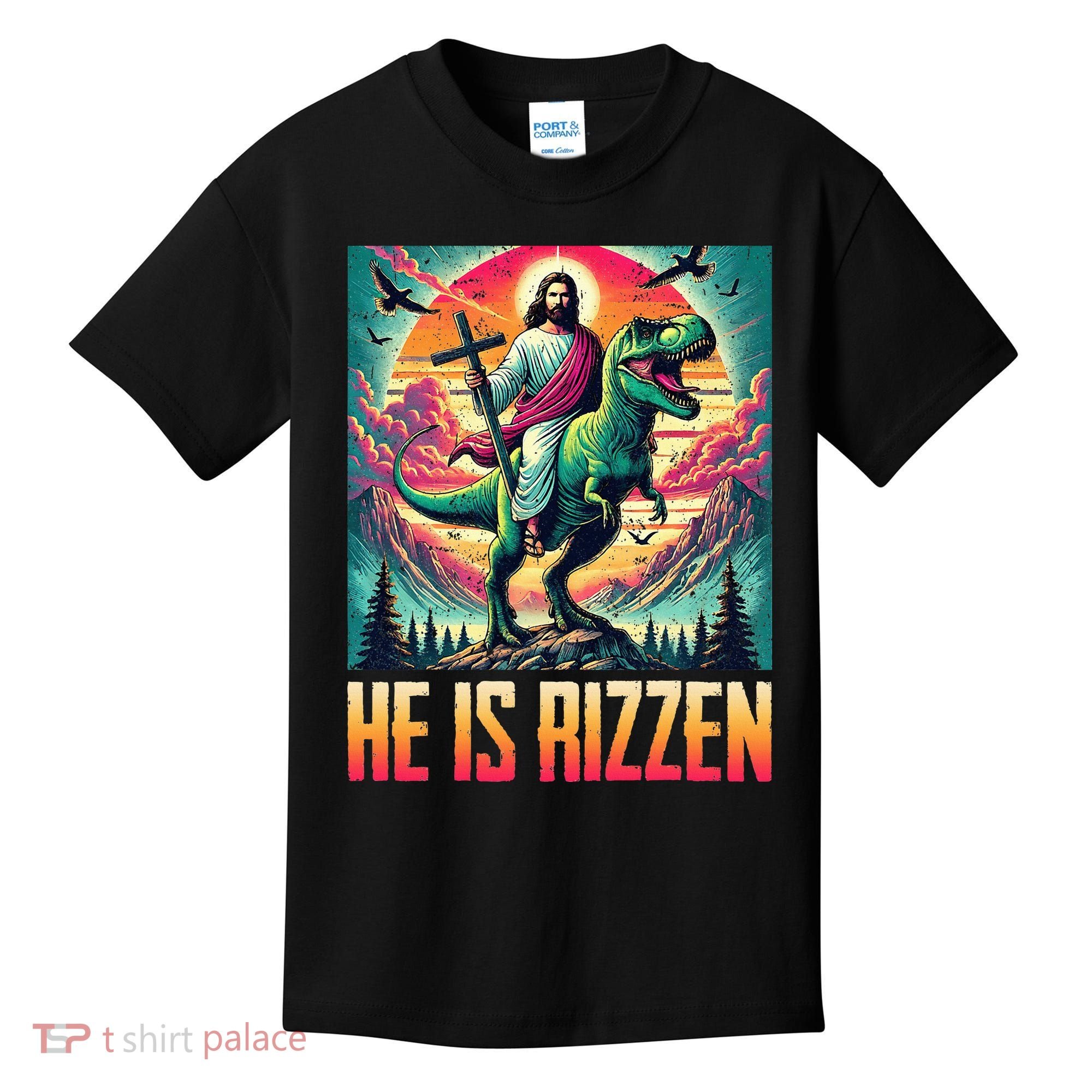 He Is Rizzen Jesus Riding Trex Retro Christian Dinosaur Kids T-Shirt