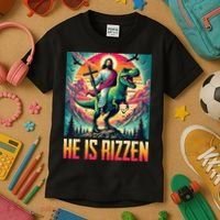 He Is Rizzen Jesus Riding Trex Retro Christian Dinosaur Kids T-Shirt thumb 3