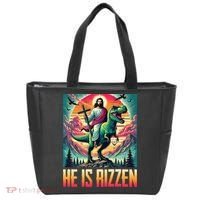He Is Rizzen Jesus Riding Trex Retro Christian Dinosaur Tote Bag thumb 0
