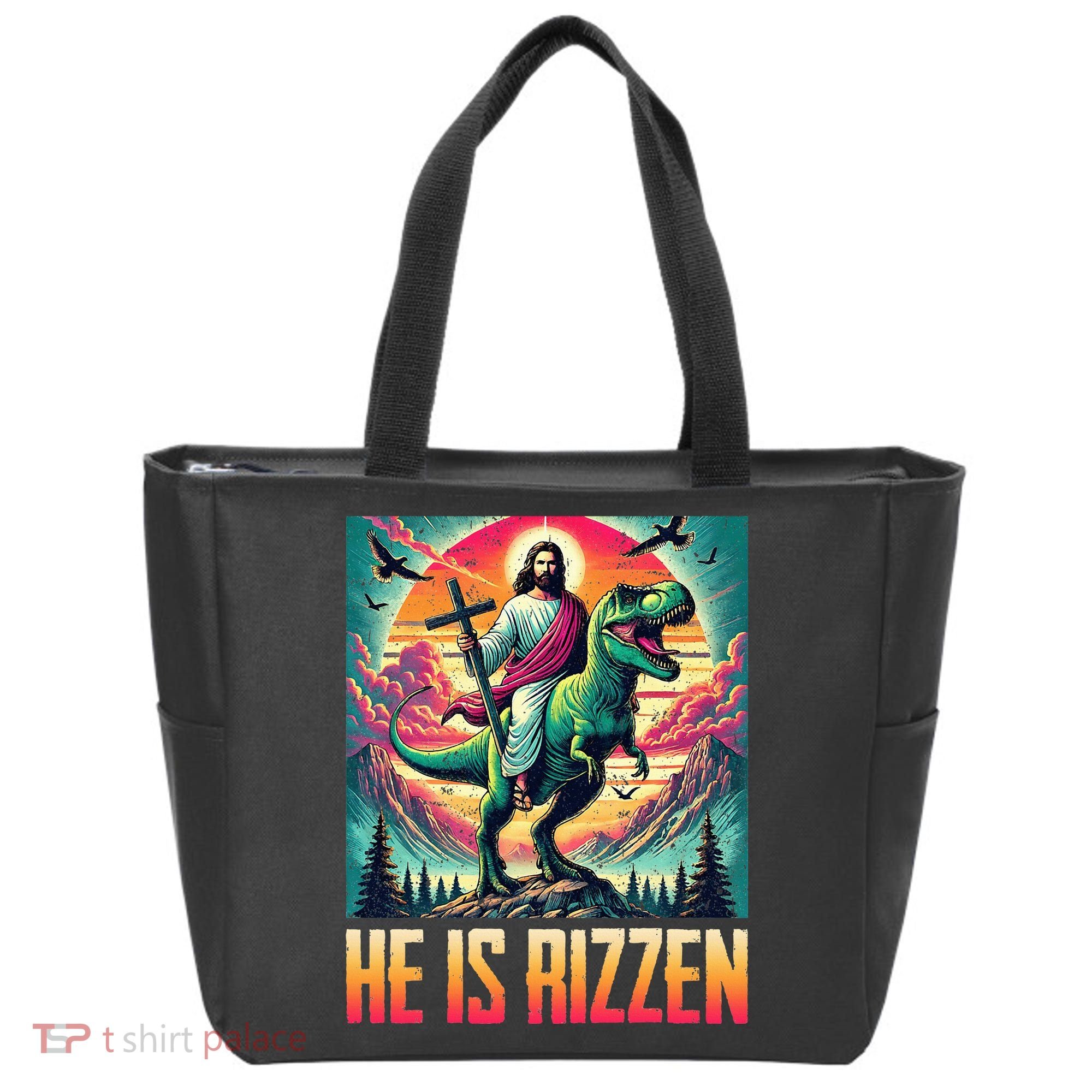 He Is Rizzen Jesus Riding Trex Retro Christian Dinosaur Tote Bag