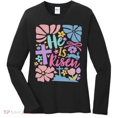 He Is Risen Easter Cross Coquette Jesus Christian Religious Women's Long Sleeve Shirt