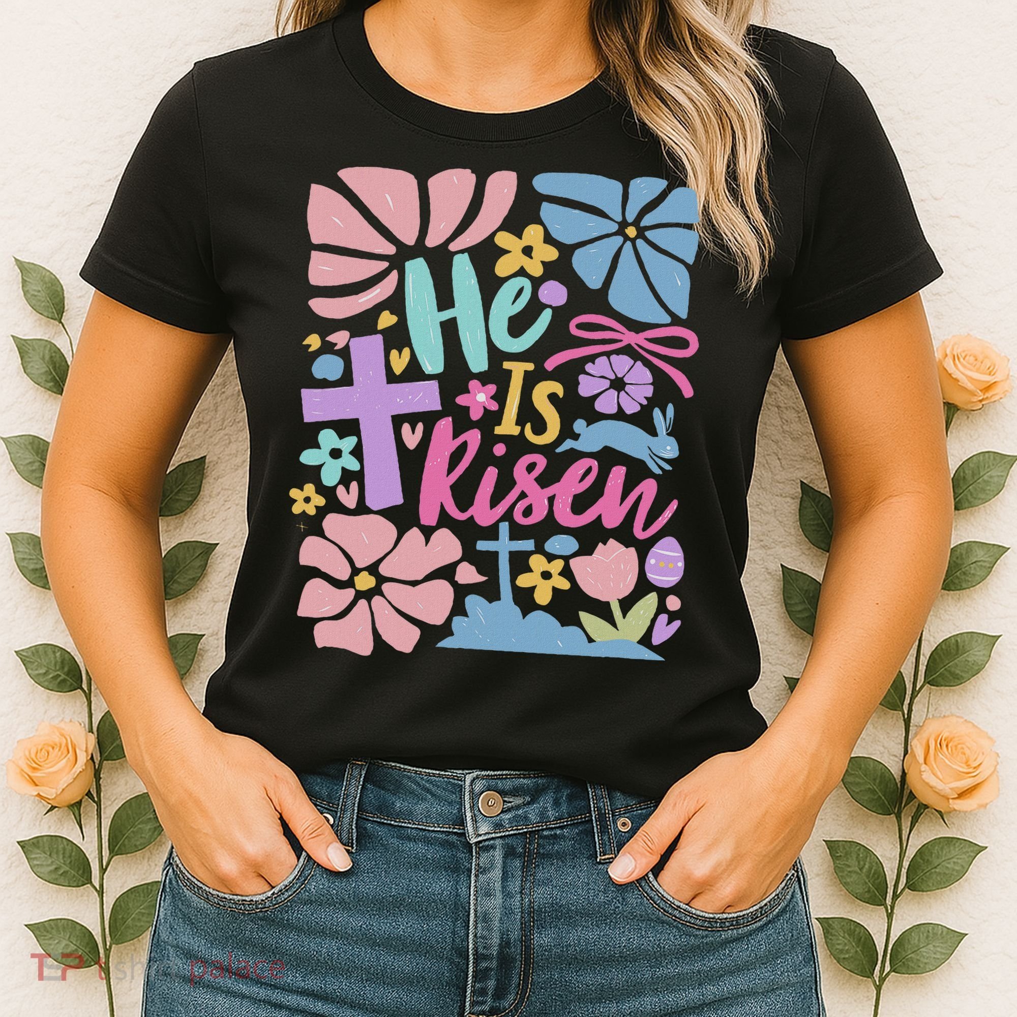 He Is Risen Easter Cross Coquette Jesus Christian Religious Women's T-Shirt