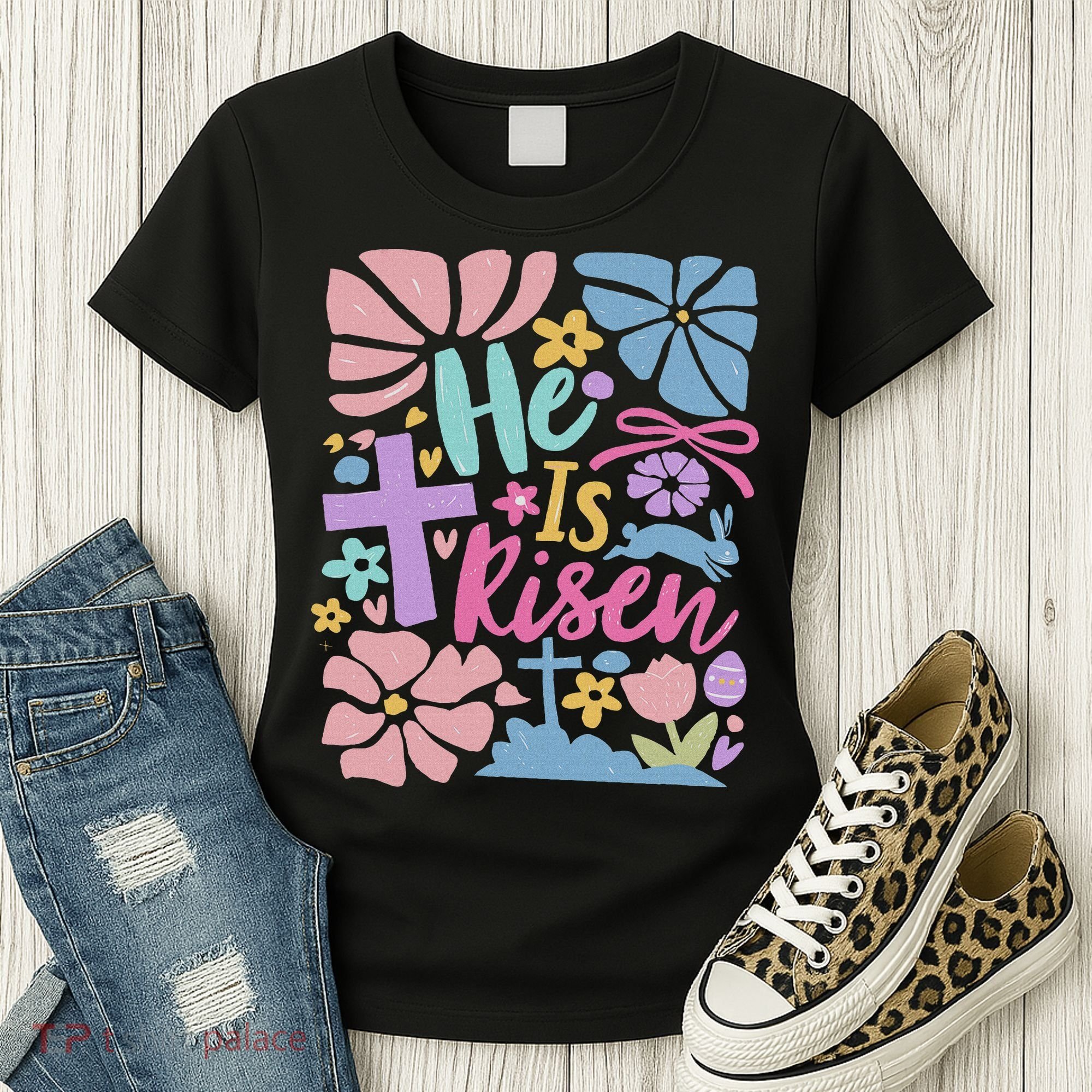 He Is Risen Easter Cross Coquette Jesus Christian Religious Women's T-Shirt