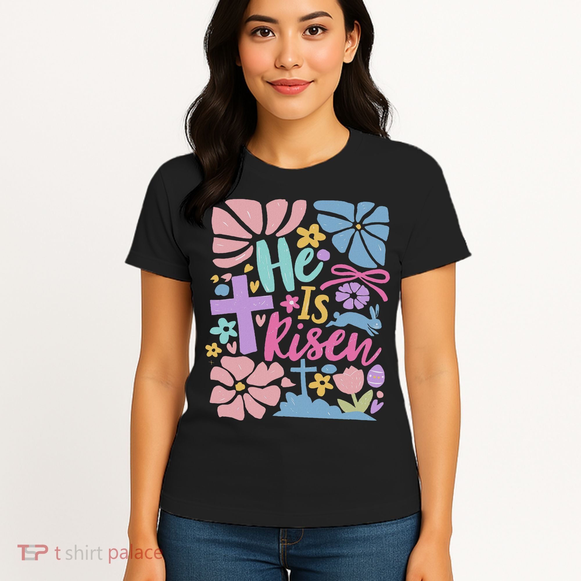 He Is Risen Easter Cross Coquette Jesus Christian Religious Women's T-Shirt