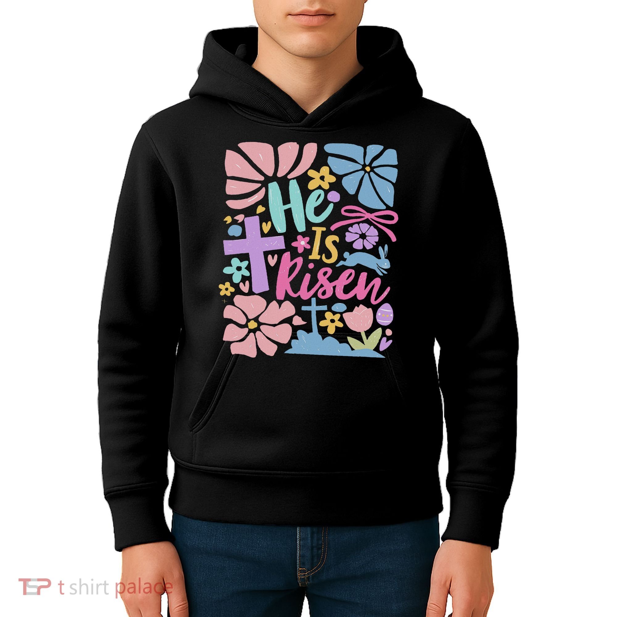 He Is Risen Easter Cross Coquette Jesus Christian Religious Kids Hoodie