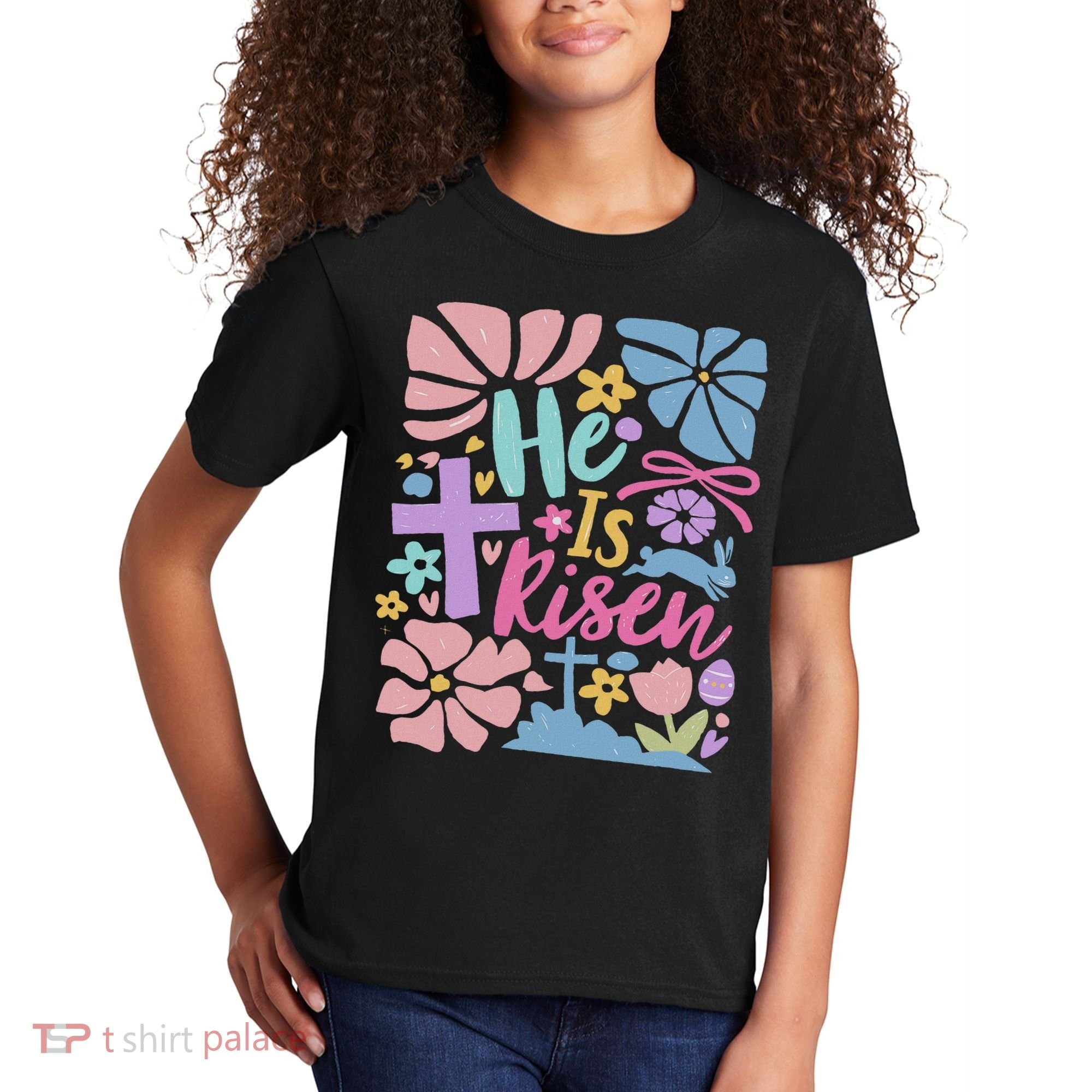 He Is Risen Easter Cross Coquette Jesus Christian Religious Kids T-Shirt