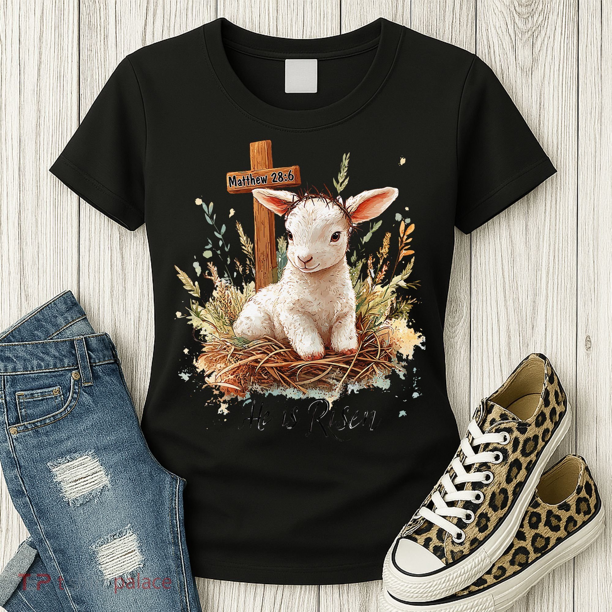 He Is Risen Lamb Matthew 286 Christian Jesus Bible Verses Women's T-Shirt