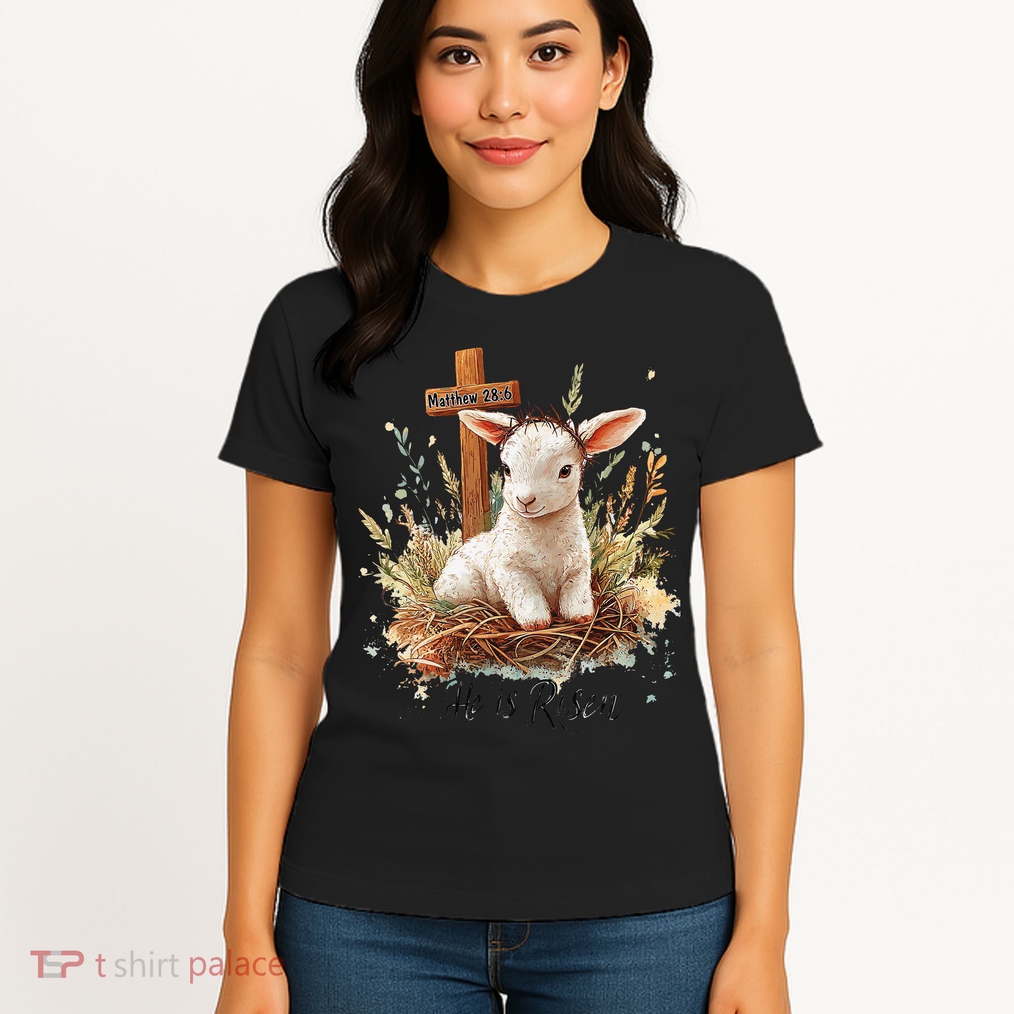 He Is Risen Lamb Matthew 286 Christian Jesus Bible Verses Women's T-Shirt