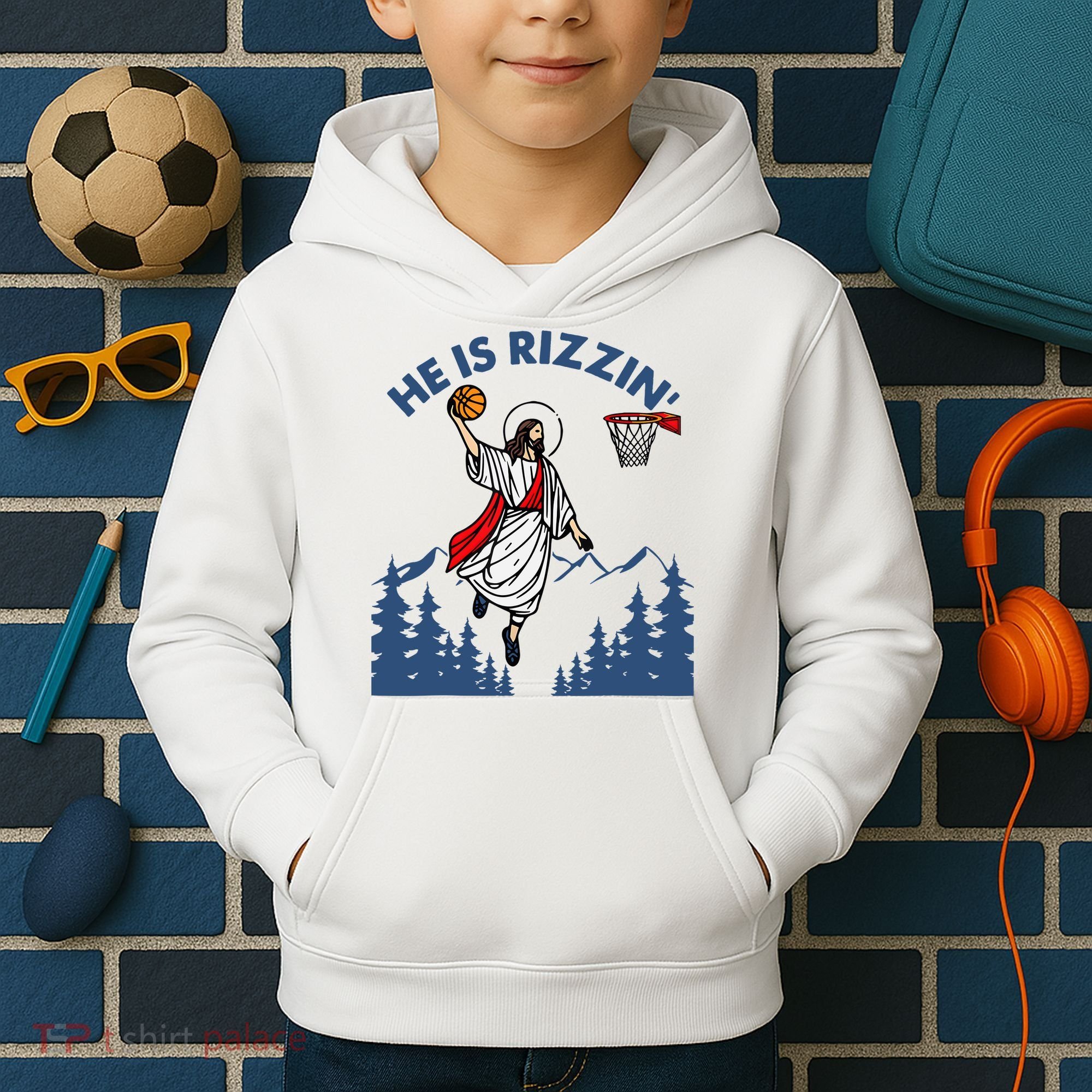 He Is Rizzin Jesus Basketball Easter Religious Kids Hoodie