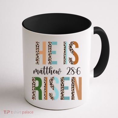 He Is Risen Matthew Bible Verse Coffee Mug back