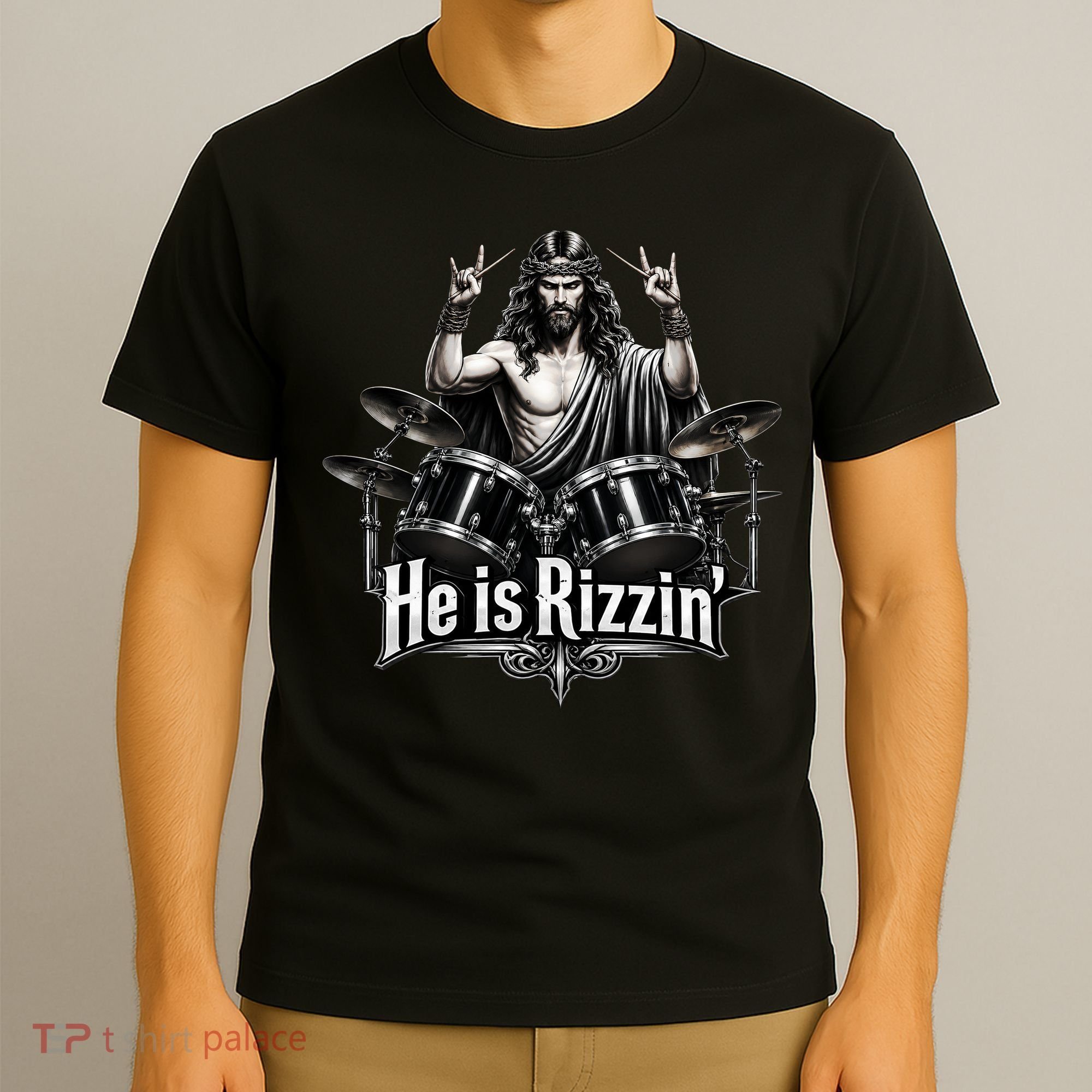 He Is Rizzin' Drummer Jesus Rocks T-Shirt