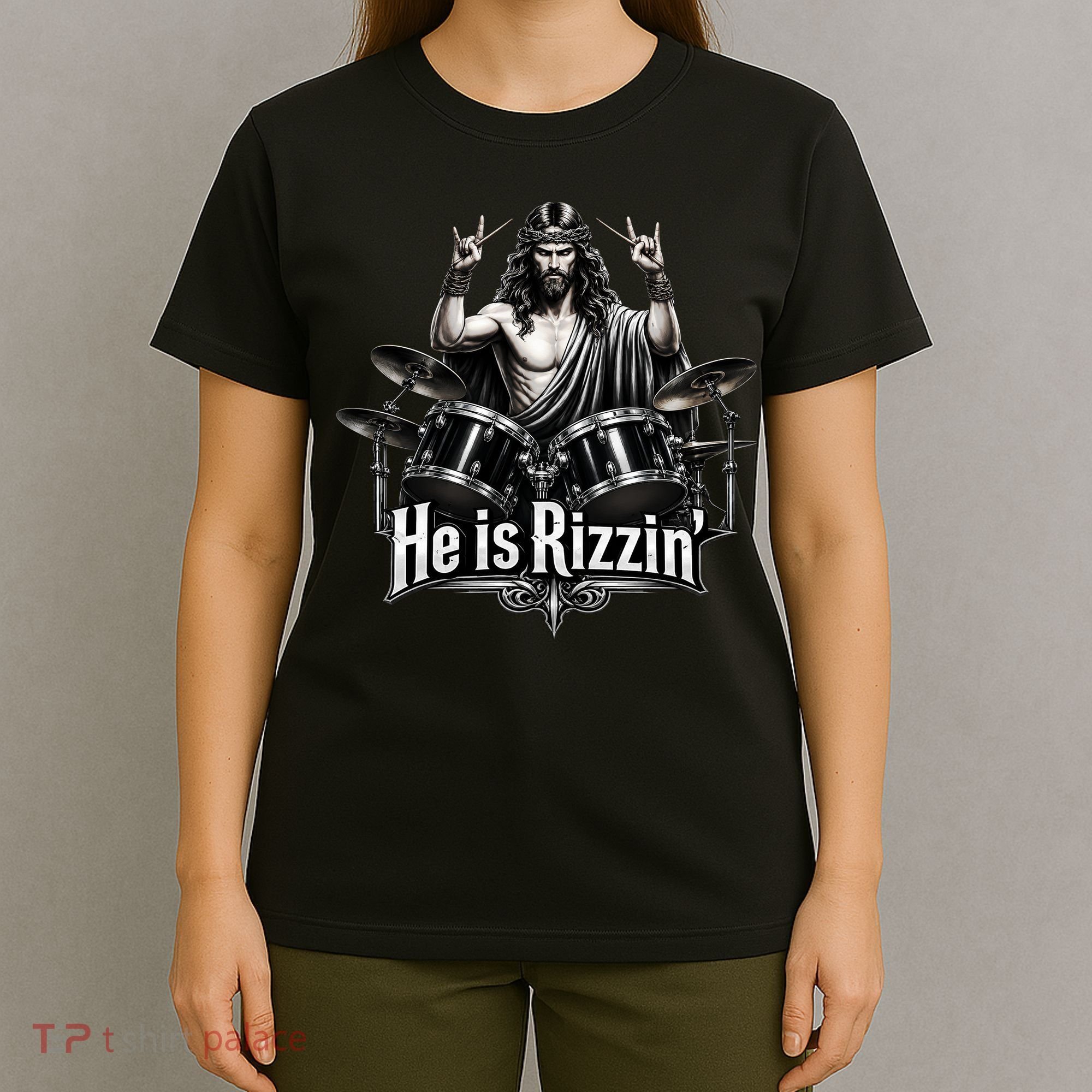 He Is Rizzin' Drummer Jesus Rocks T-Shirt