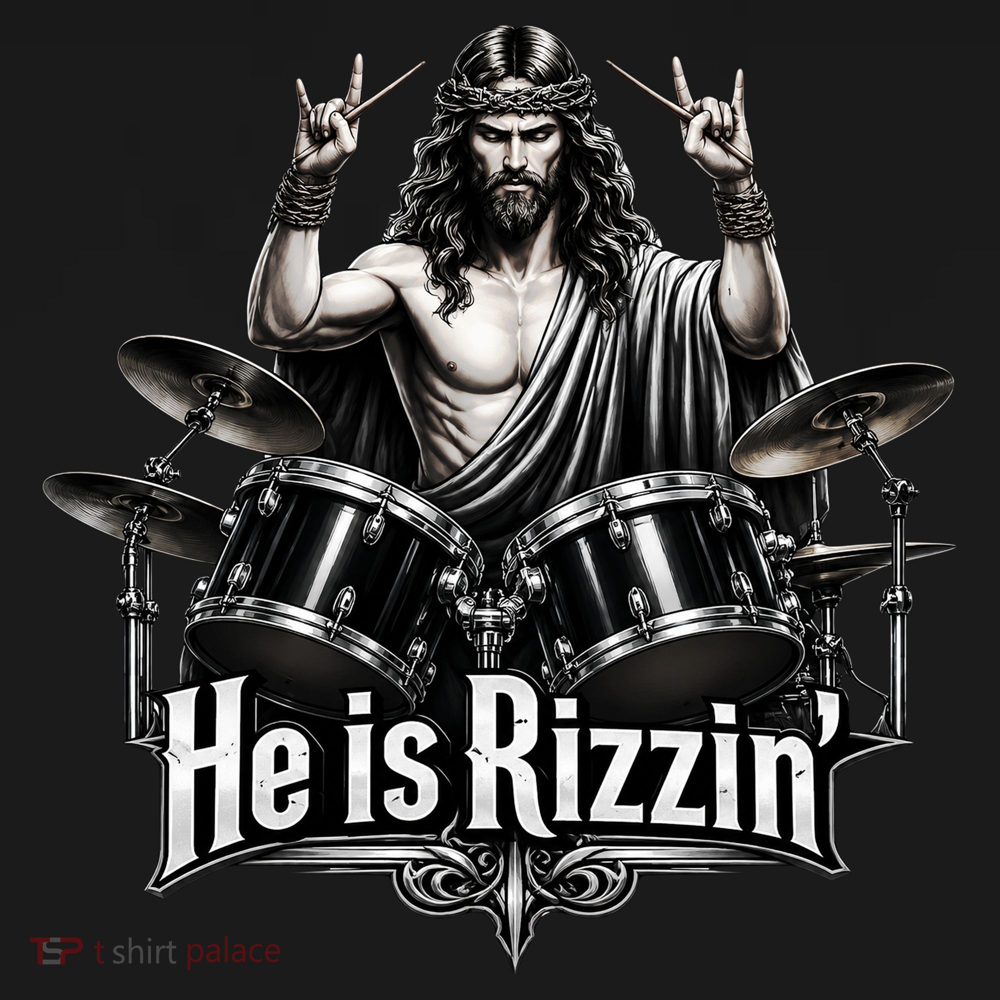 He Is Rizzin' Drummer Jesus Rocks Button