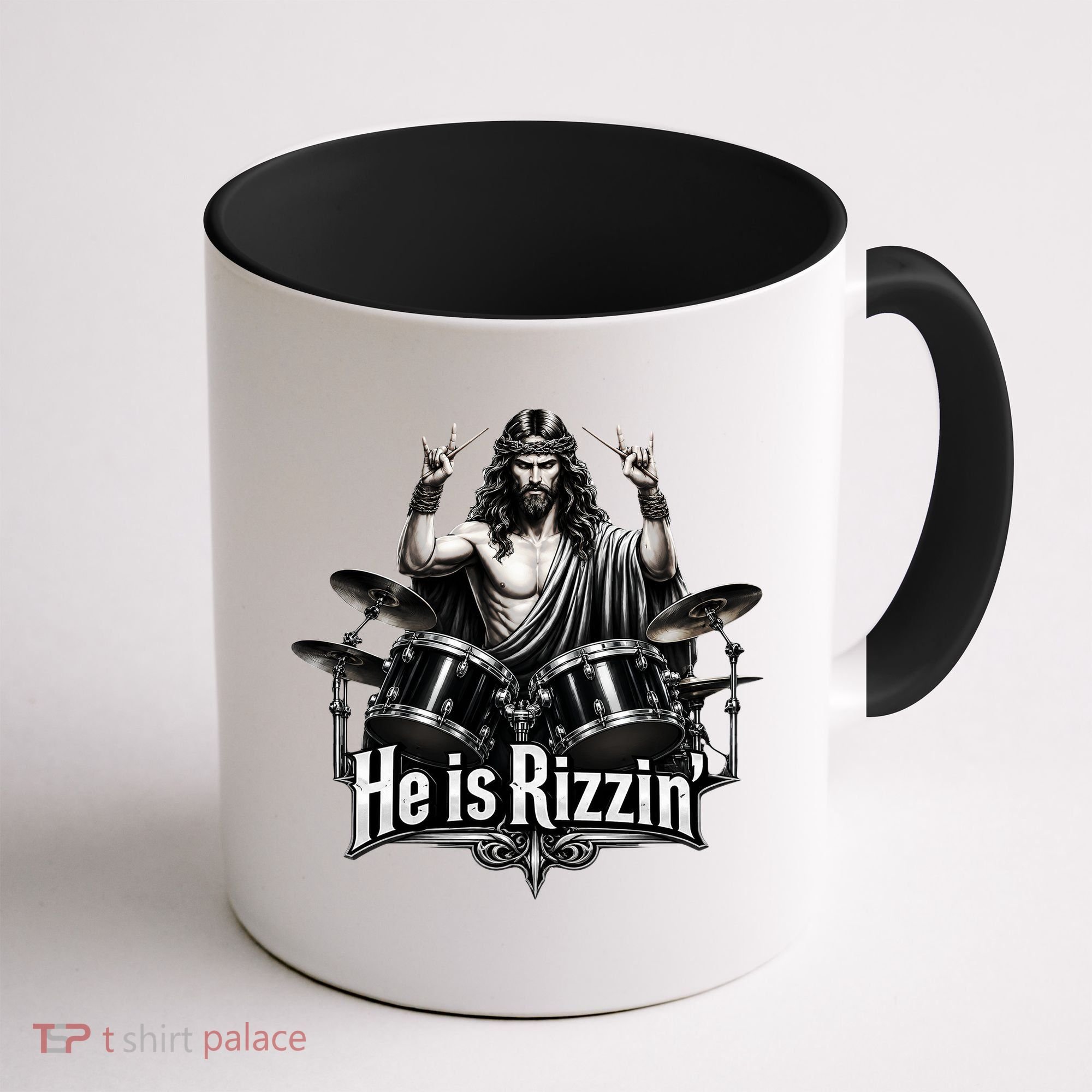 He Is Rizzin' Drummer Jesus Rocks Coffee Mug