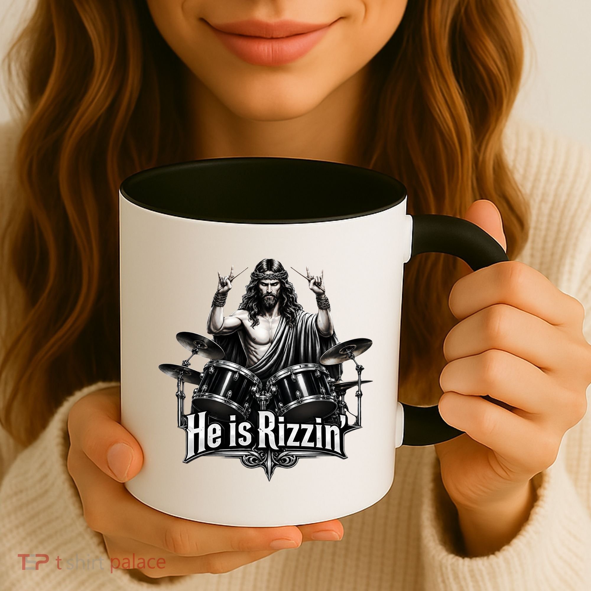 He Is Rizzin' Drummer Jesus Rocks Coffee Mug