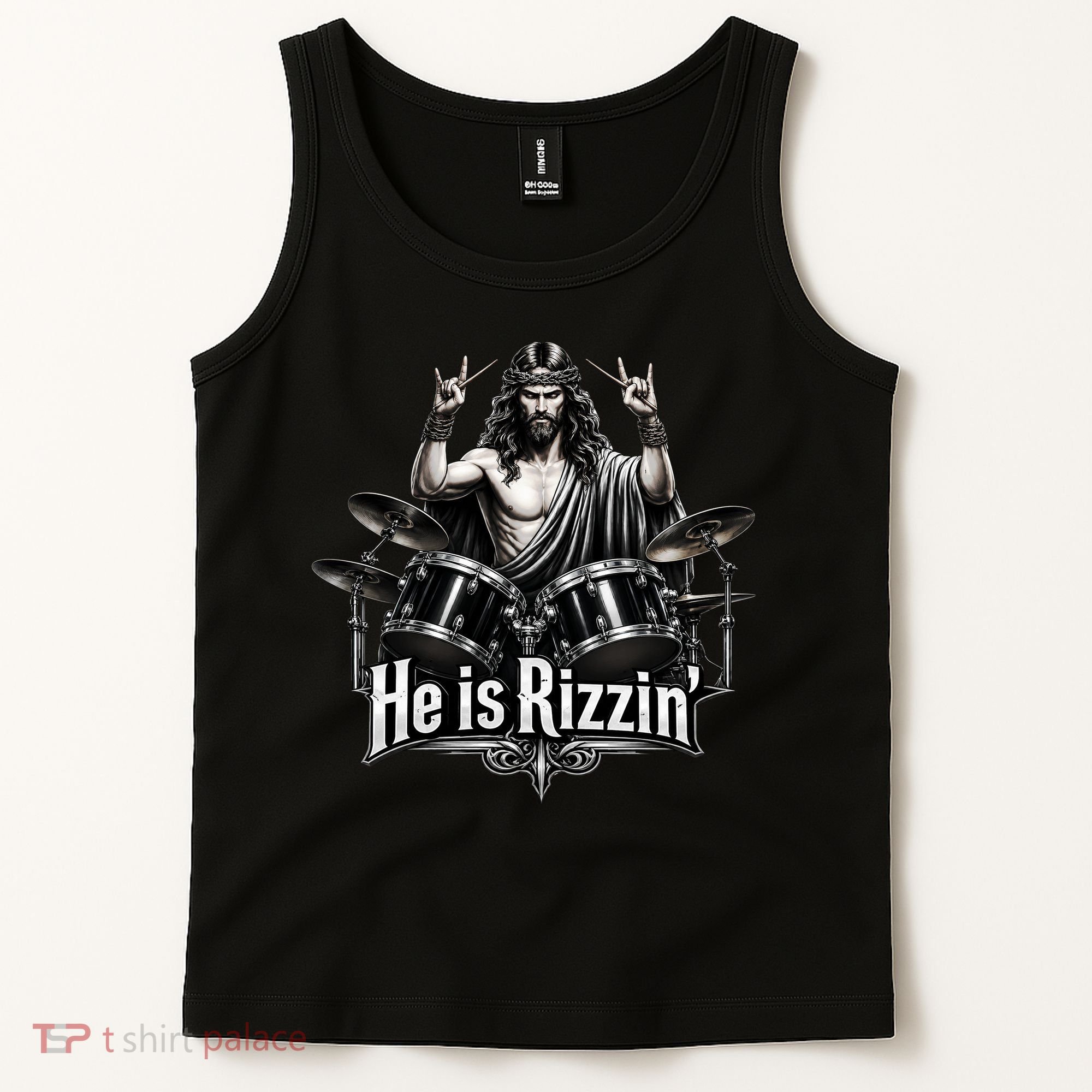 He Is Rizzin' Drummer Jesus Rocks Tank Top