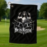 He Is Rizzin' Drummer Jesus Rocks Golf Towel thumb 1