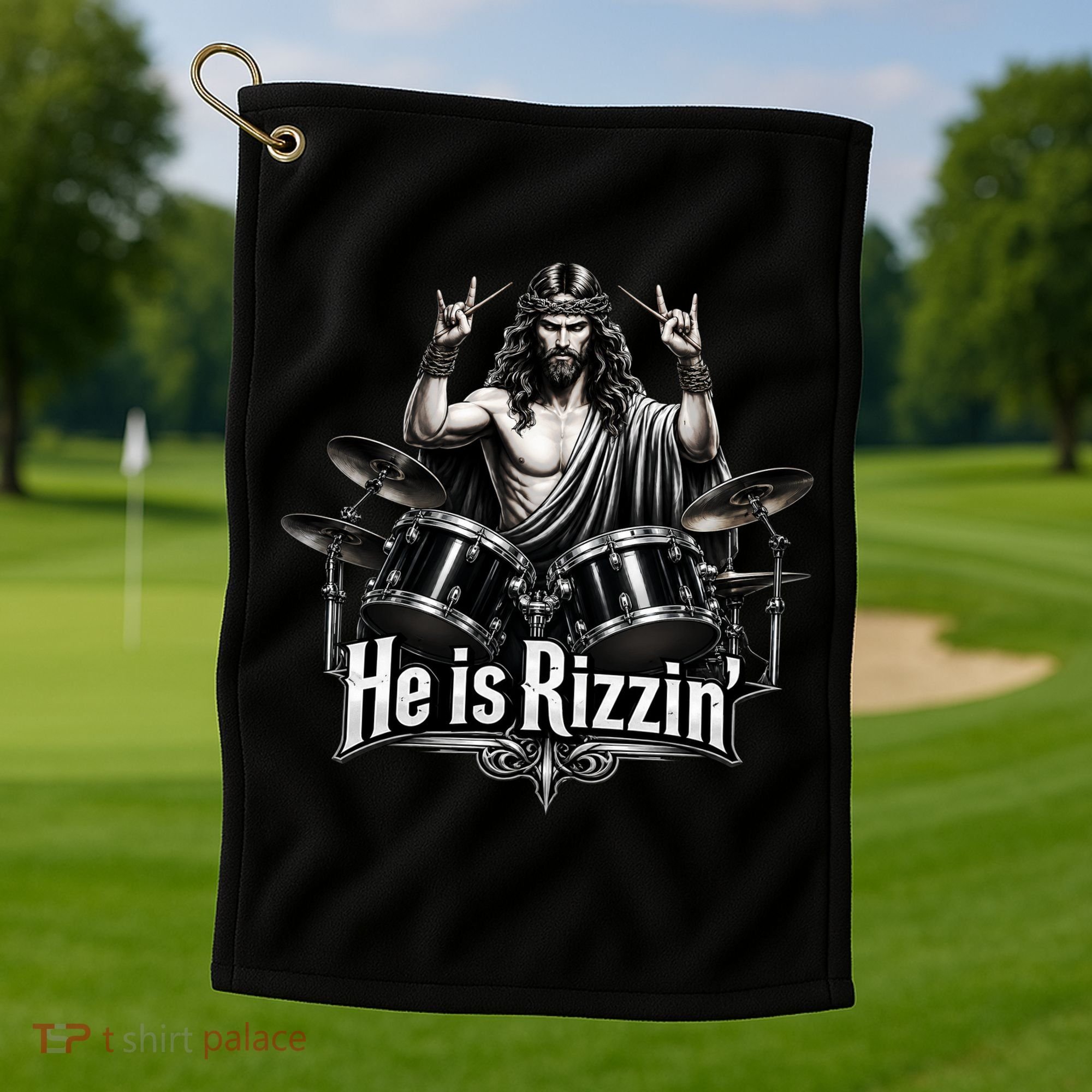 He Is Rizzin' Drummer Jesus Rocks Golf Towel