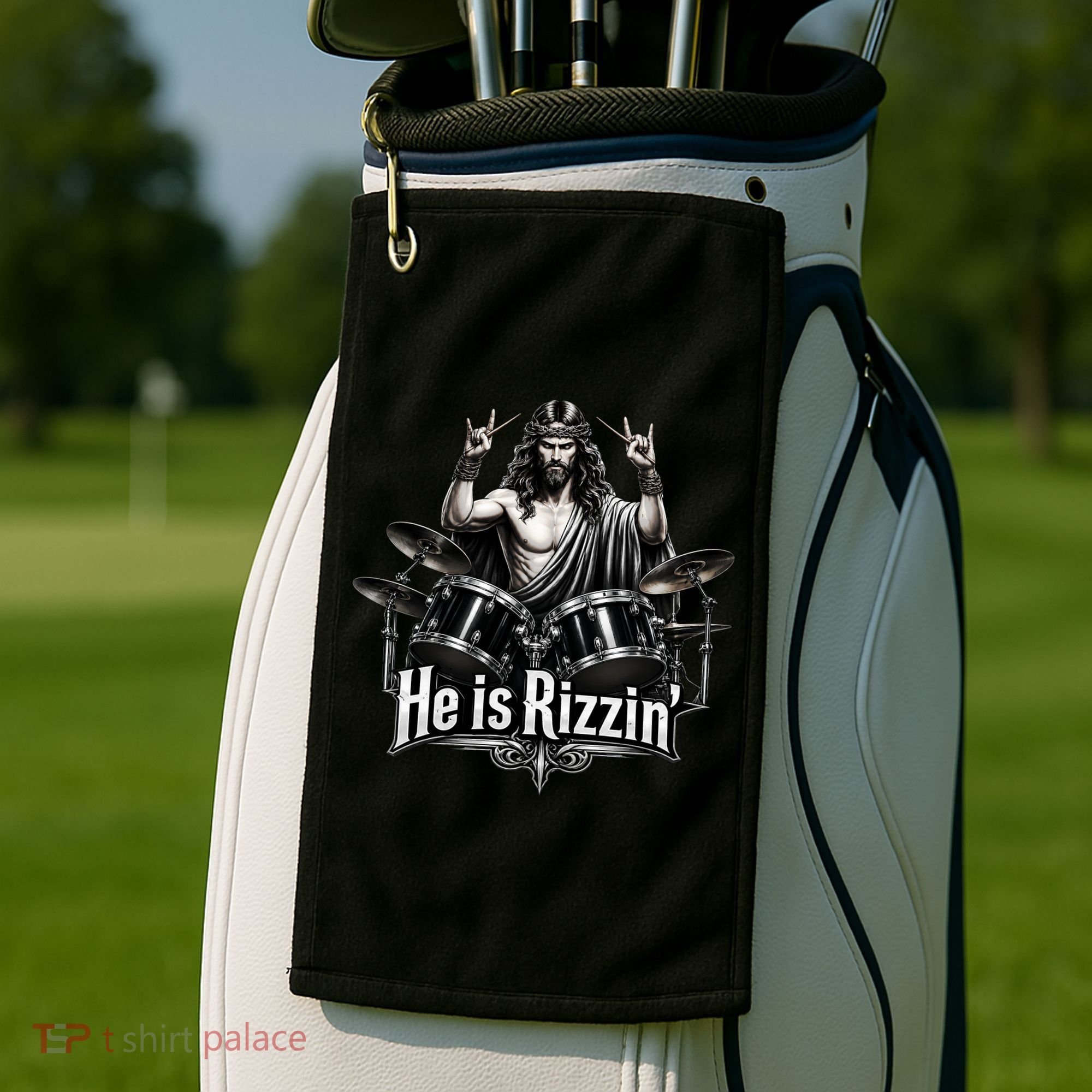 He Is Rizzin' Drummer Jesus Rocks Golf Towel