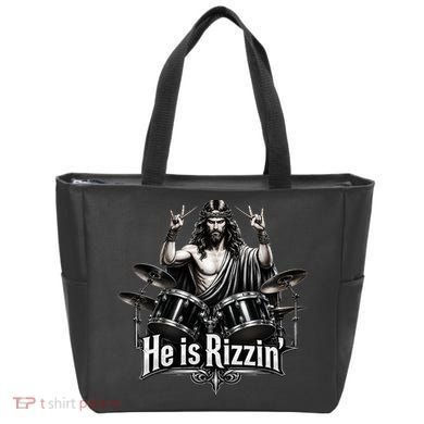 He Is Rizzin' Drummer Jesus Rocks Tote Bag
