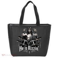 He Is Rizzin' Drummer Jesus Rocks Tote Bag thumb 0