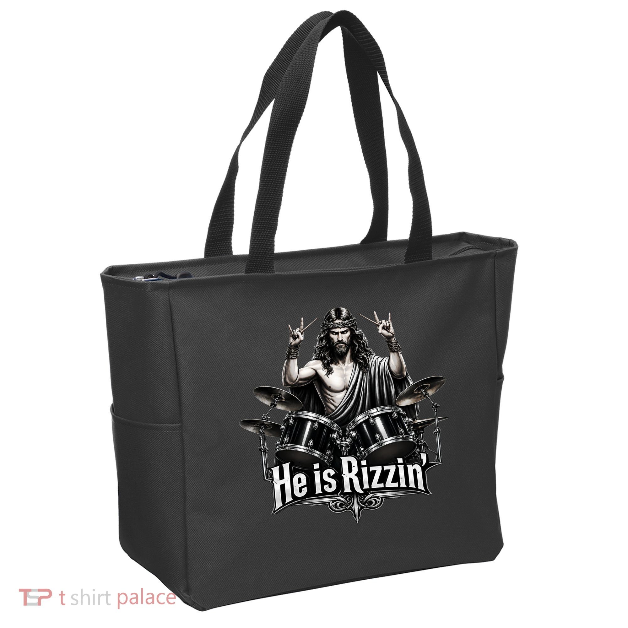 He Is Rizzin' Drummer Jesus Rocks Tote Bag