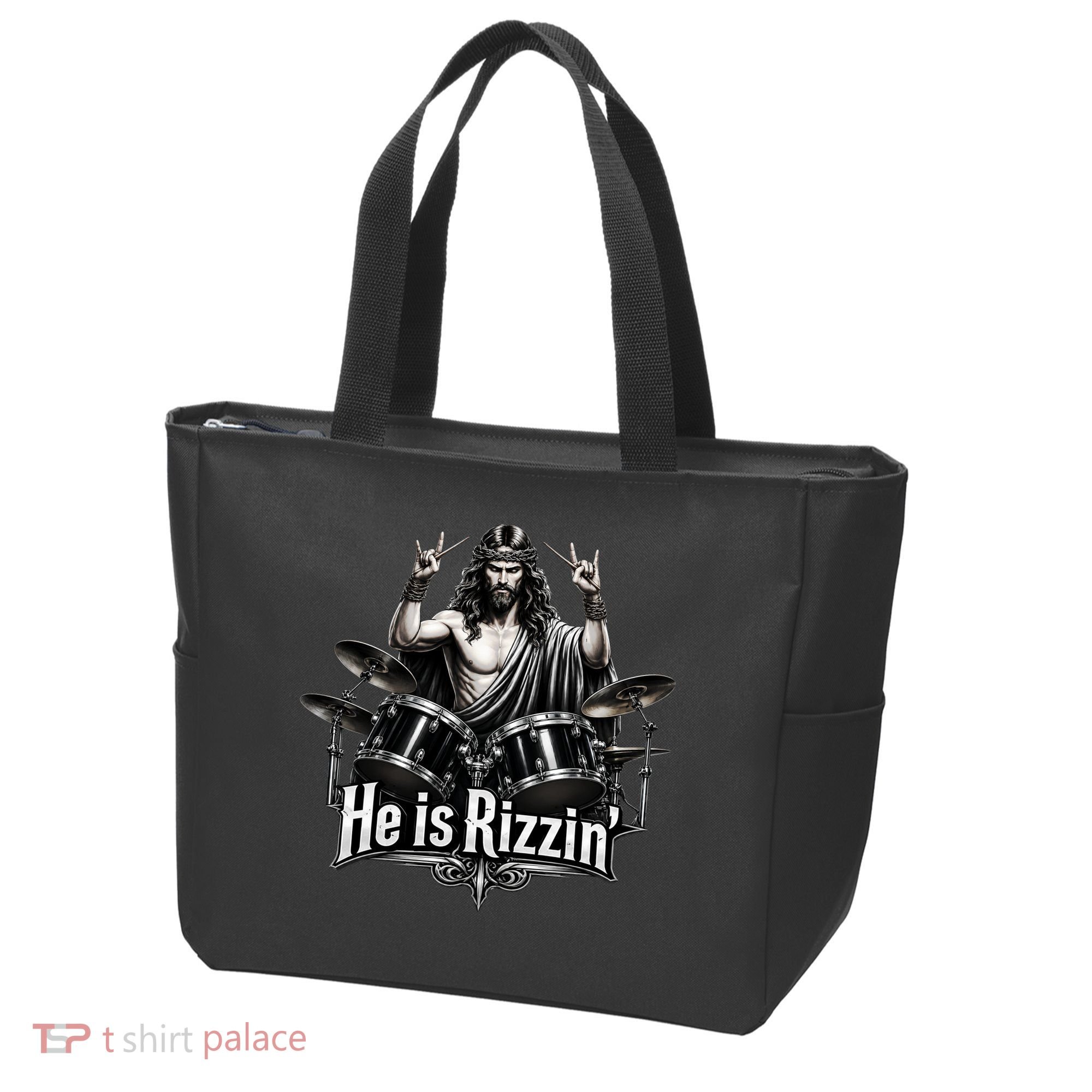He Is Rizzin' Drummer Jesus Rocks Tote Bag