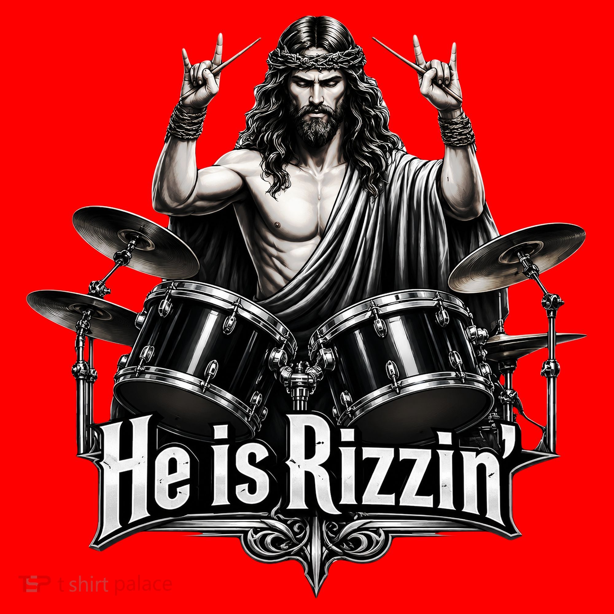 He Is Rizzin' Drummer Jesus Rocks Santa Hat