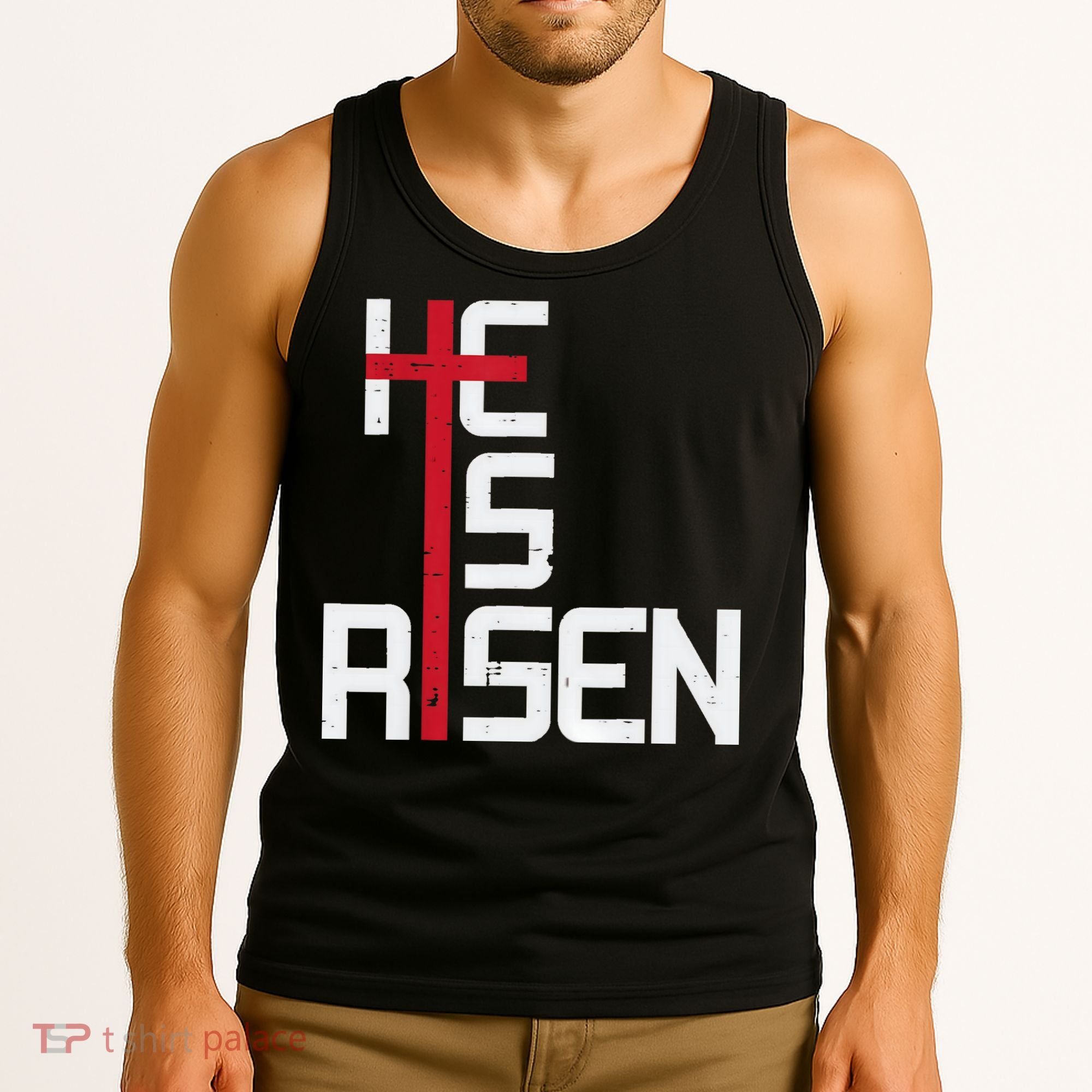He Is Risen Cross Jesus Easter Christian Religious Men Teens Tank Top