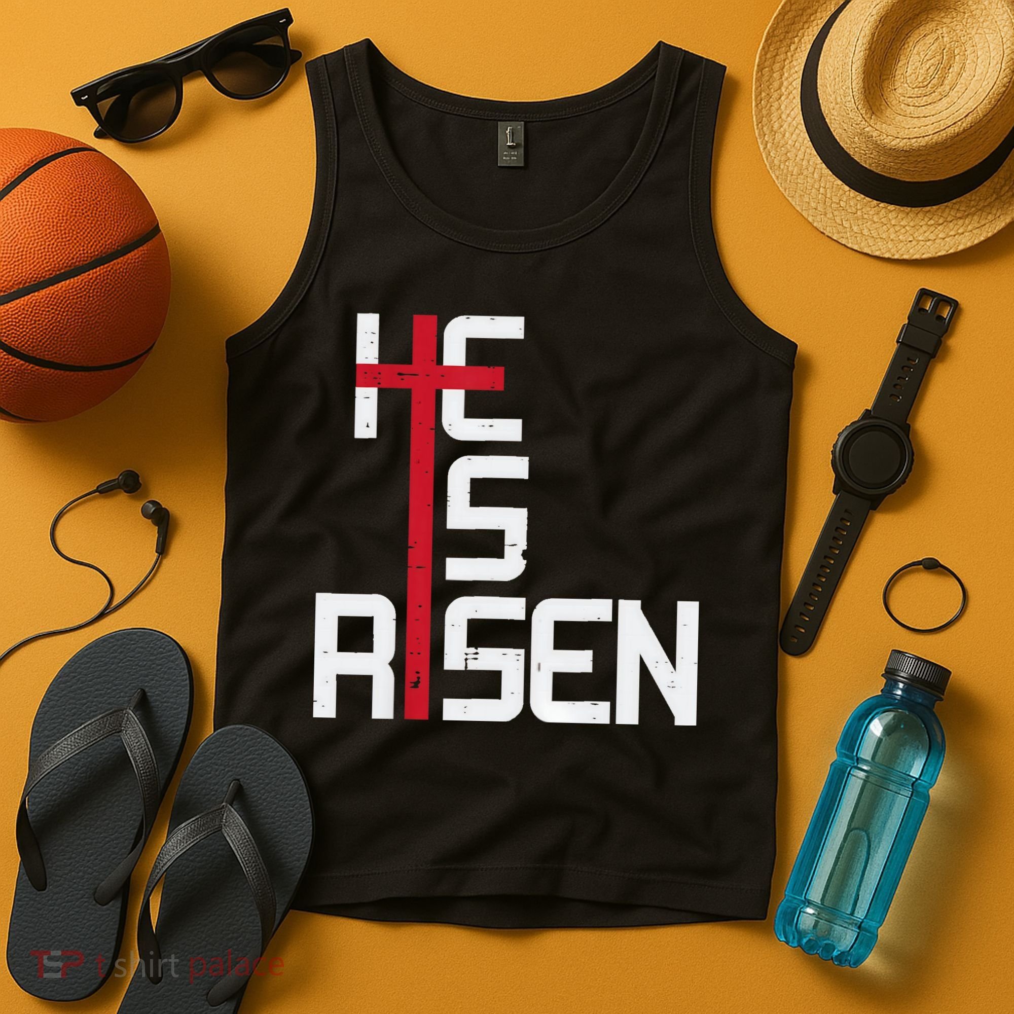 He Is Risen Cross Jesus Easter Christian Religious Men Teens Tank Top