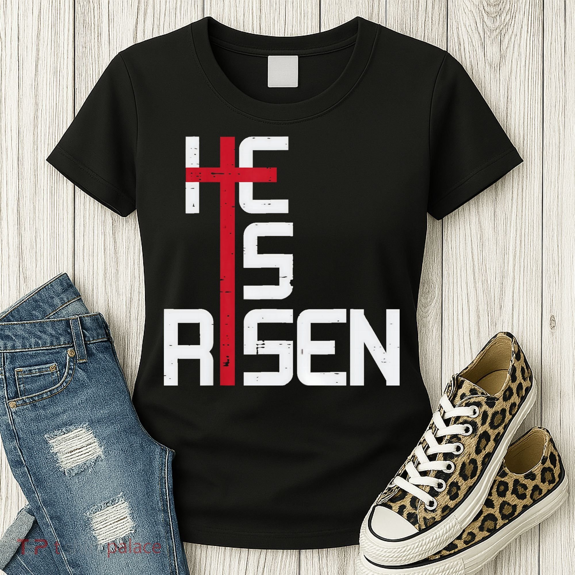 He Is Risen Cross Jesus Easter Christian Religious Men Teens Women's T-Shirt