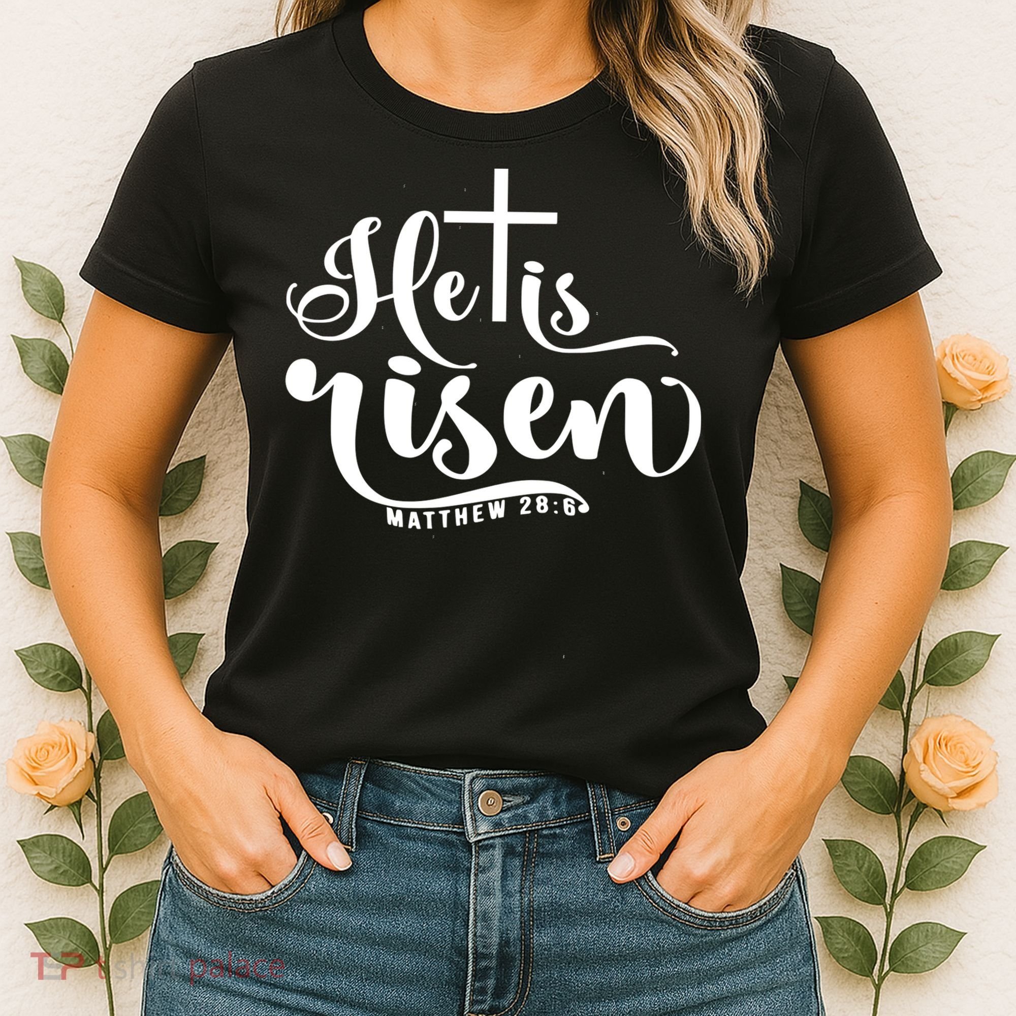 He Is Risen Matthew 28:6 Easter Cross Women's T-Shirt
