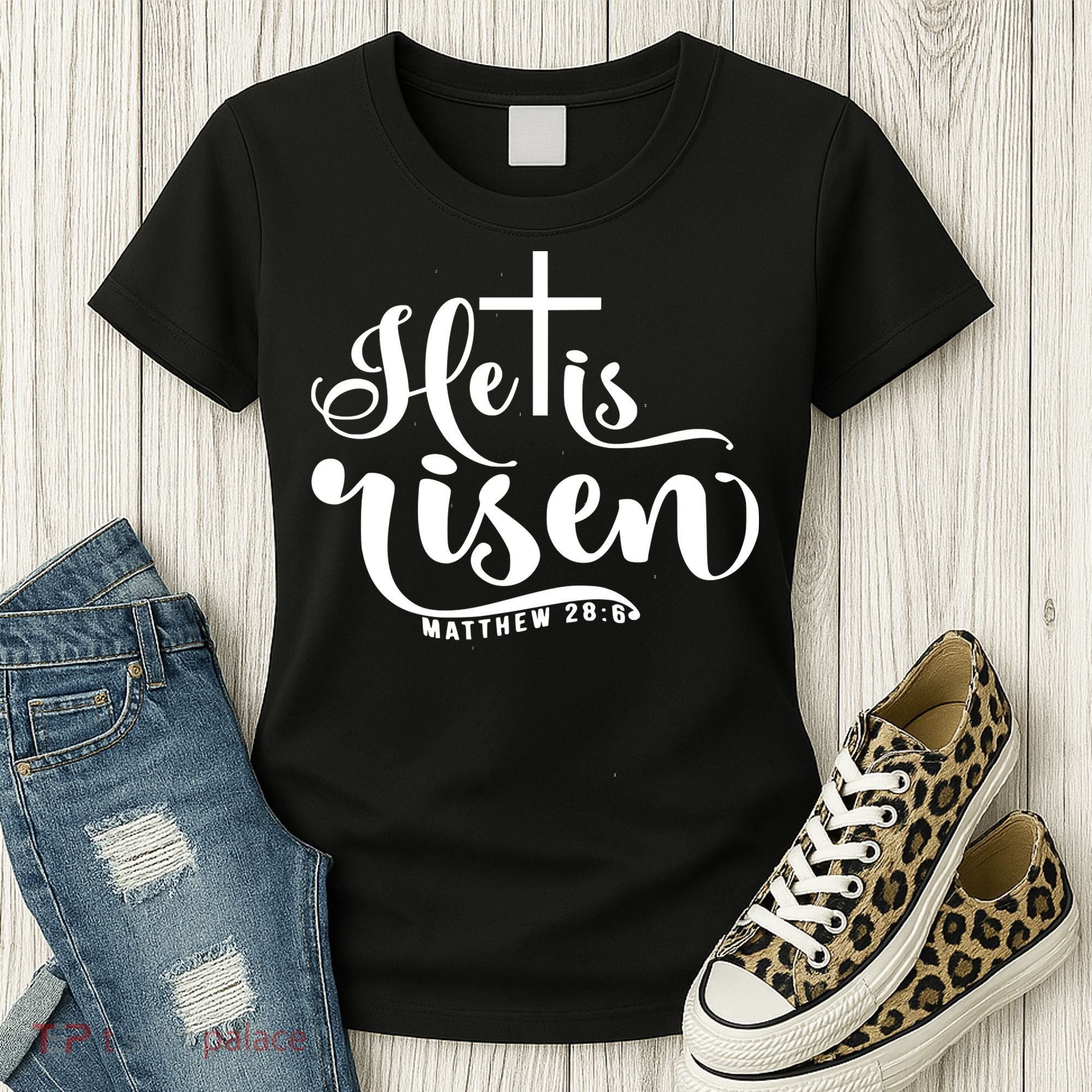He Is Risen Matthew 28:6 Easter Cross Women's T-Shirt