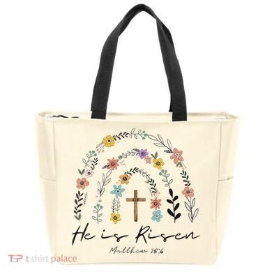 He Is Risen Christian Floral Jesus Easter Tote Bag