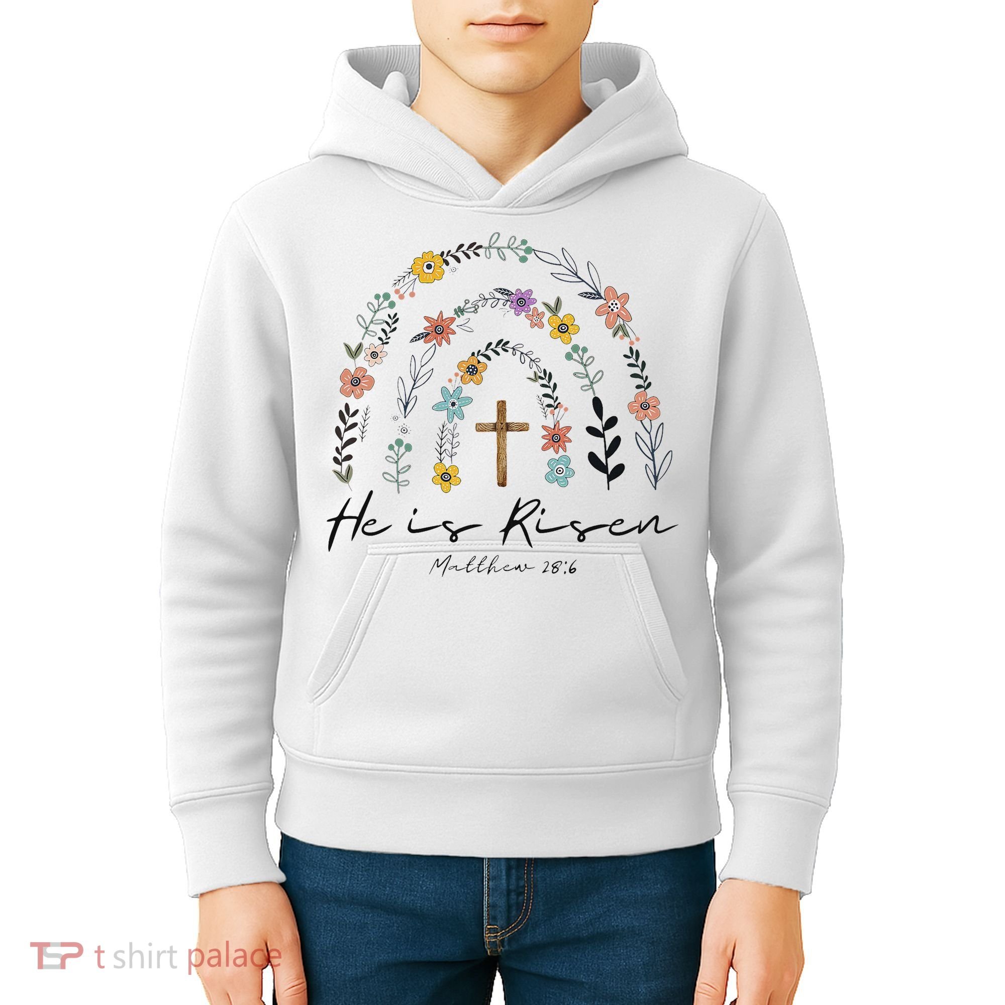 He Is Risen Christian Floral Jesus Easter Kids Hoodie