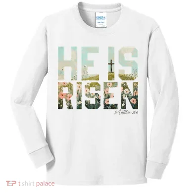 He Is Risen Boho Easter Christian Jesus Kids Long Sleeve Shirt