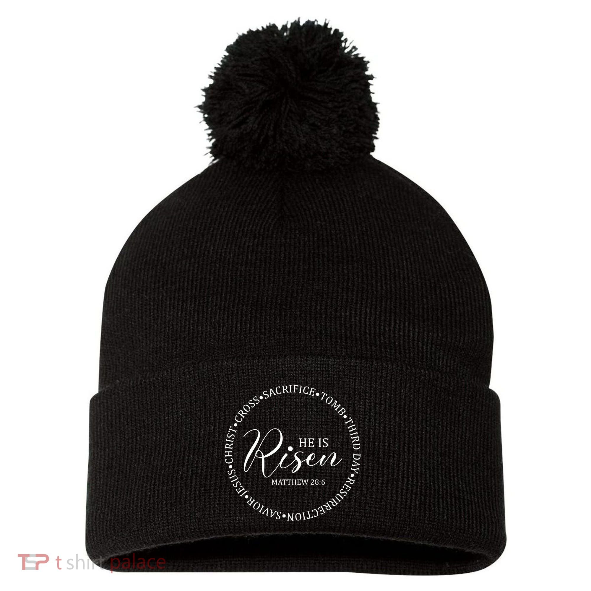He Is Risen Matthew Easter Verse Pom Pom 12in Knit Beanie
