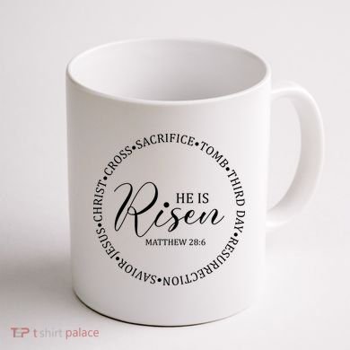He Is Risen Matthew Easter Verse Coffee Mug back
