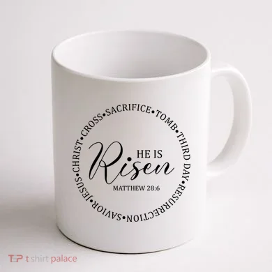 He Is Risen Matthew Easter Verse Coffee Mug back