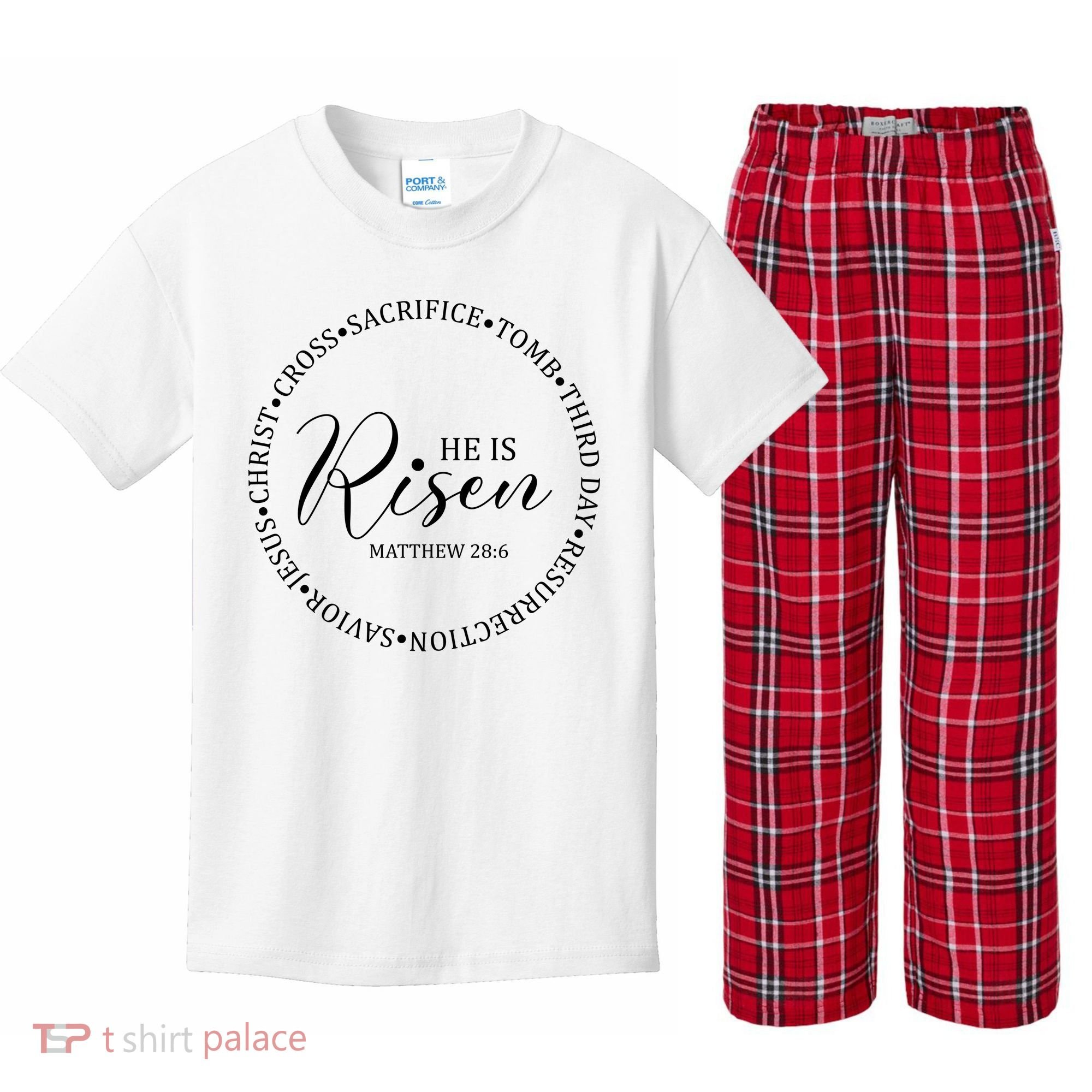 He Is Risen Matthew Easter Verse Kids Plaid Pajama Set