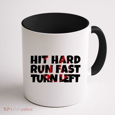 Hit Hard Run Fast Turn Left Funny Baseball Coffee Mug back