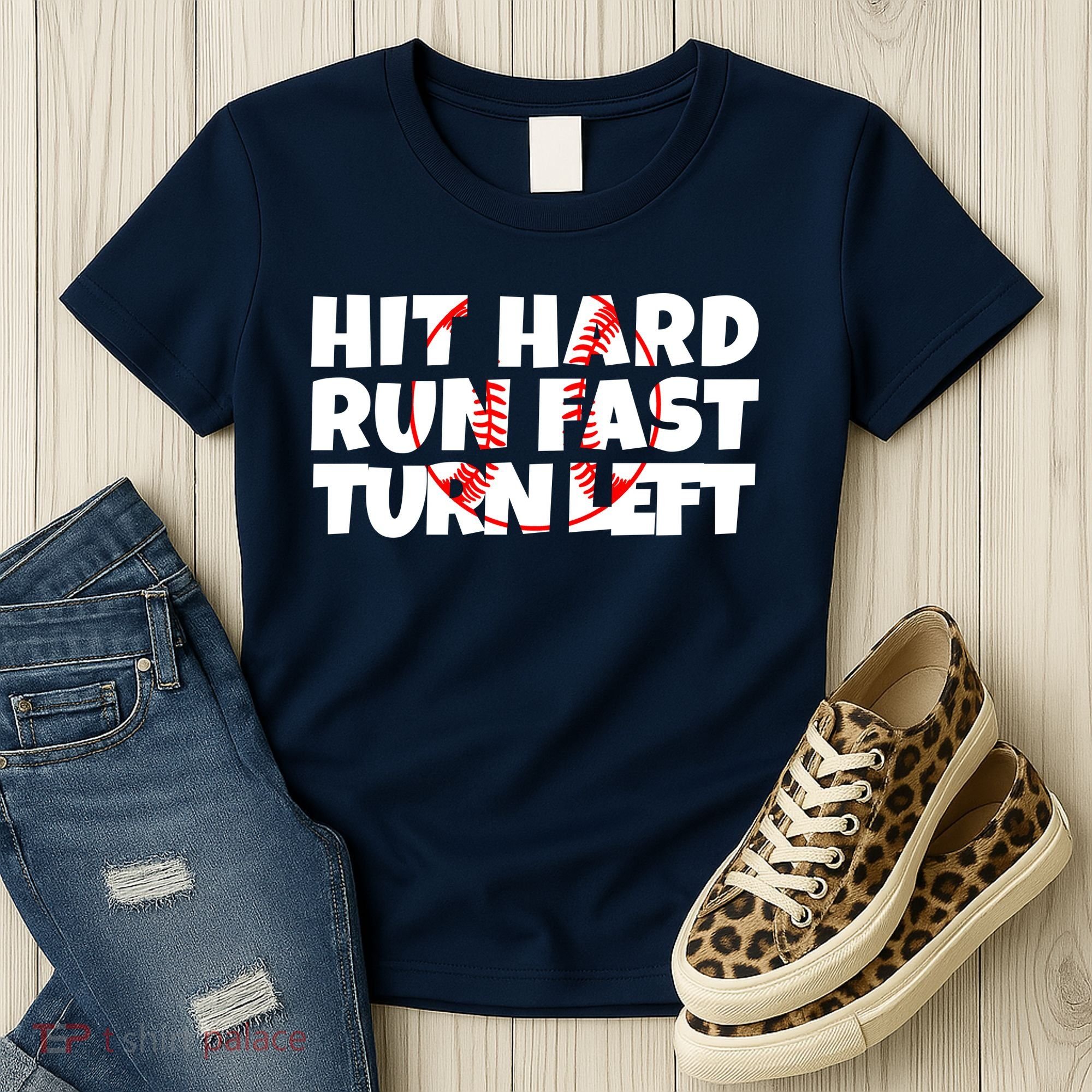 Hit Hard Run Fast Turn Left Funny Baseball Women's T-Shirt