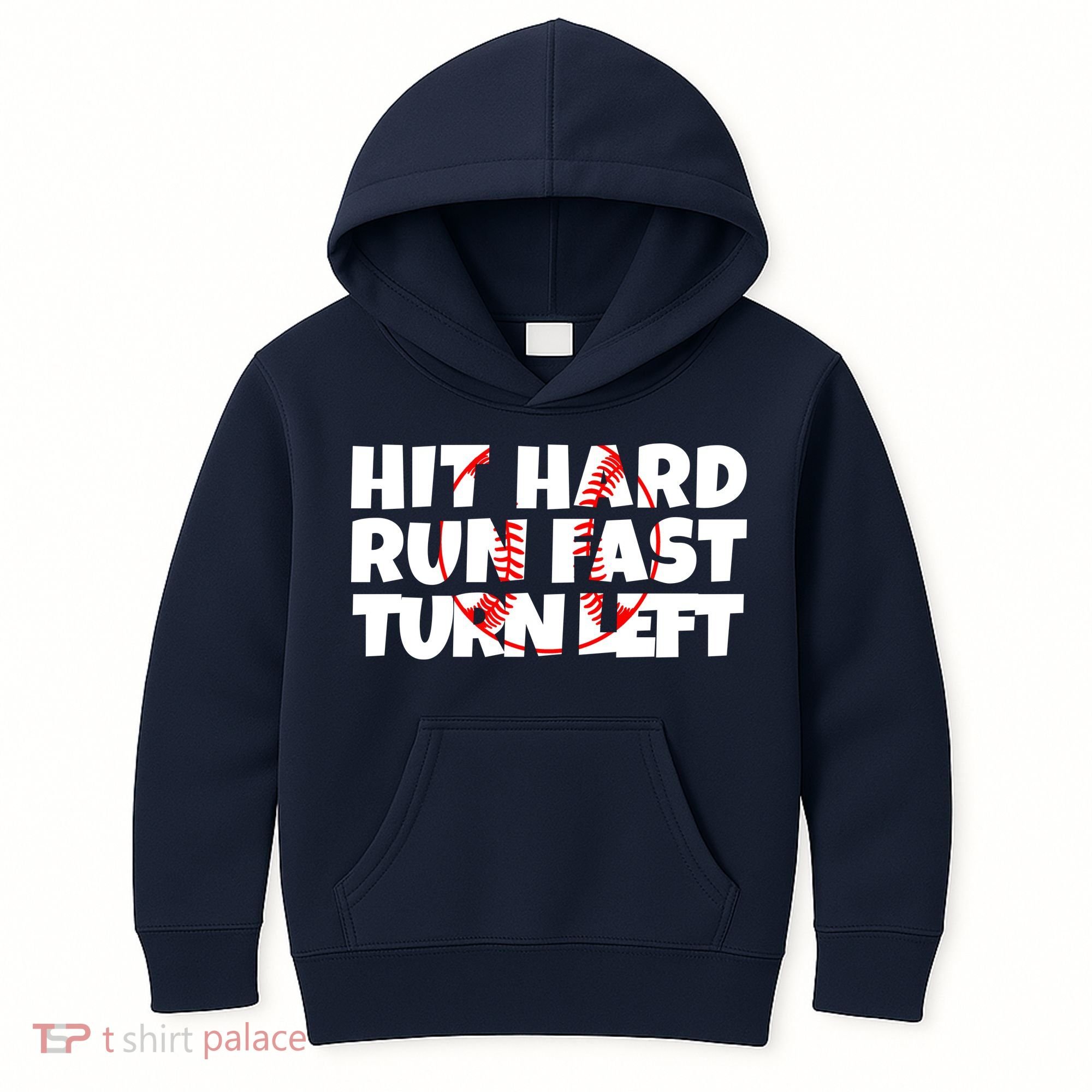 Hit Hard Run Fast Turn Left Funny Baseball Kids Hoodie