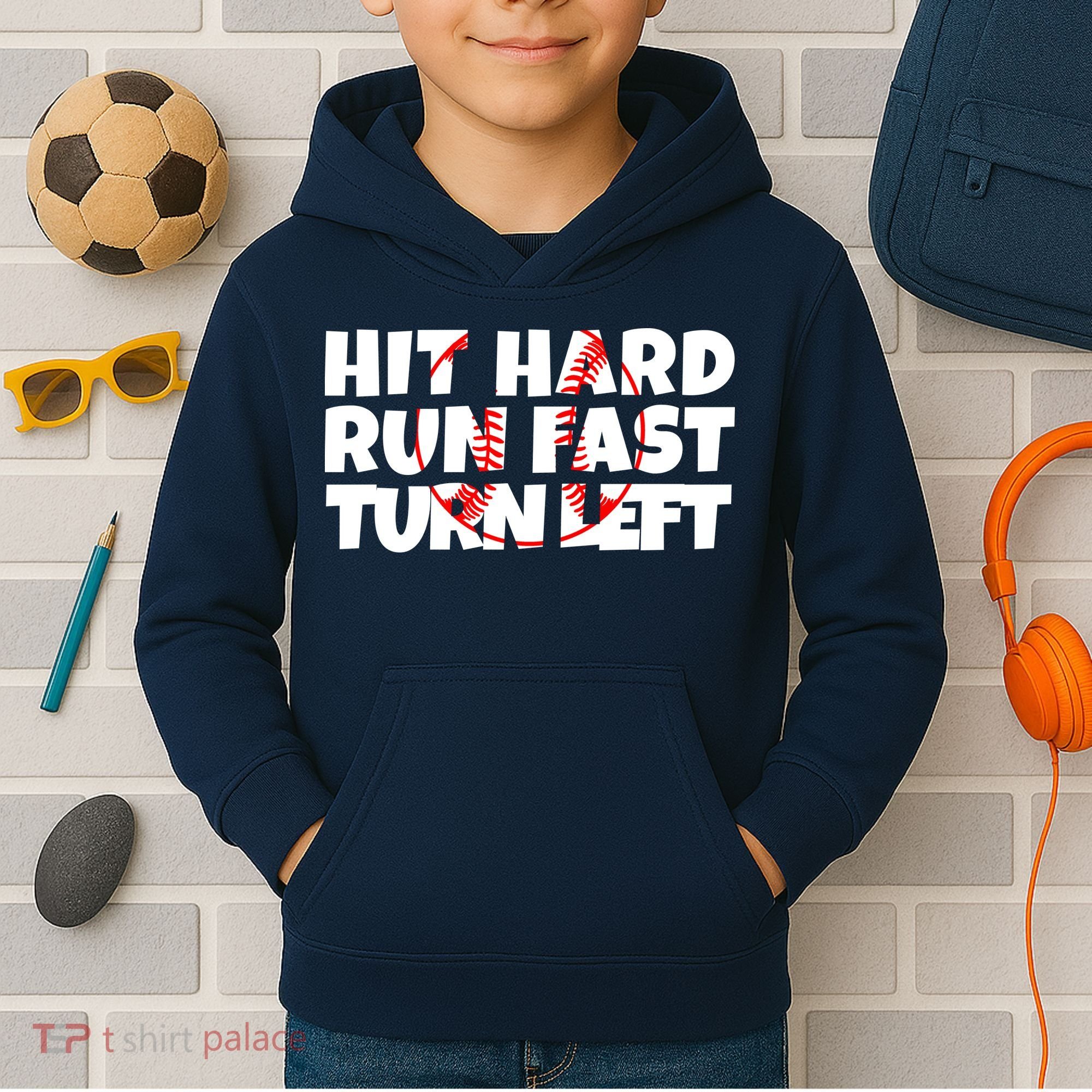 Hit Hard Run Fast Turn Left Funny Baseball Kids Hoodie