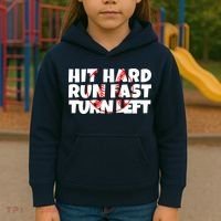 Hit Hard Run Fast Turn Left Funny Baseball Kids Hoodie thumb 3