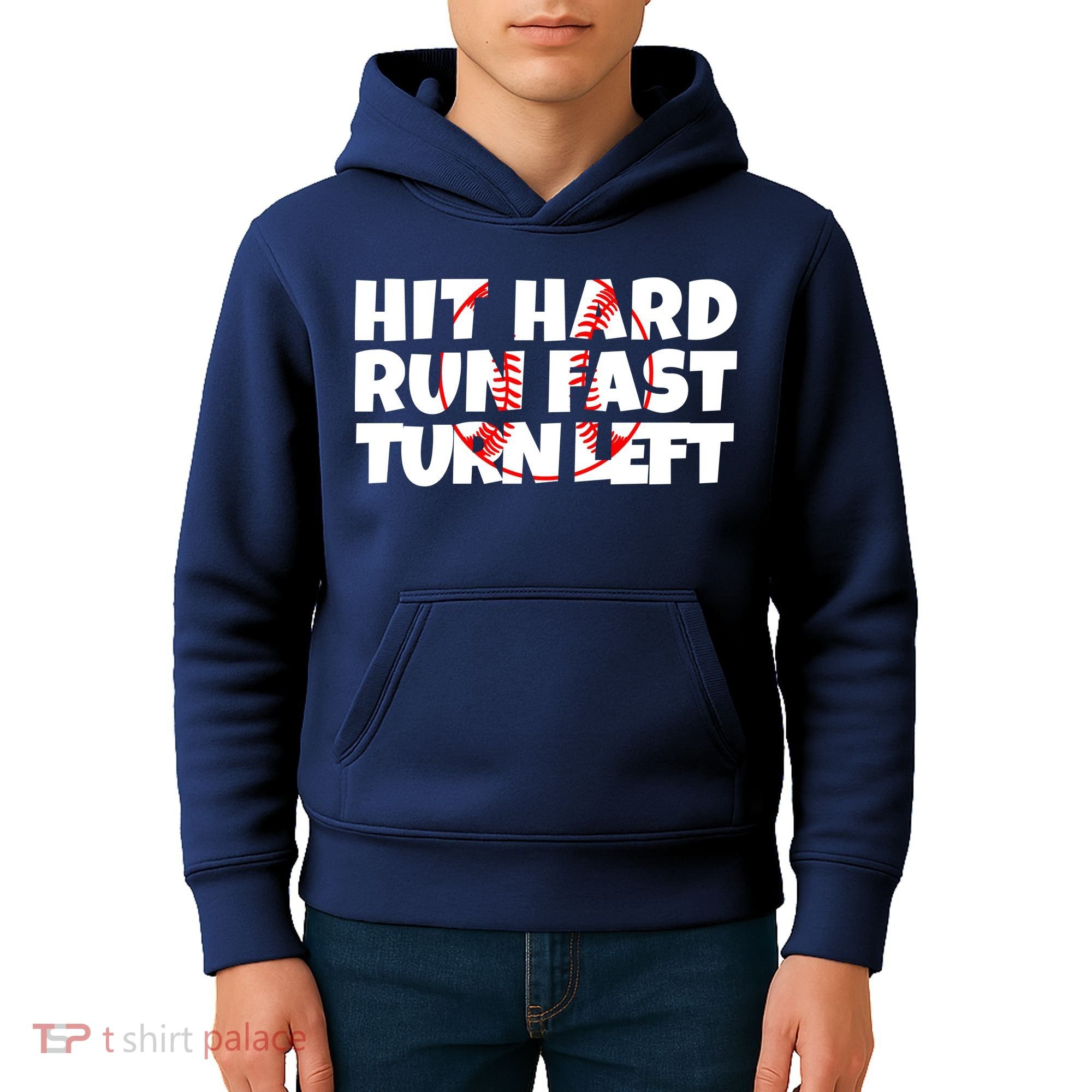 Hit Hard Run Fast Turn Left Funny Baseball Kids Hoodie