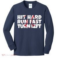 Hit Hard Run Fast Turn Left Funny Baseball Kids Long Sleeve Shirt thumb 0